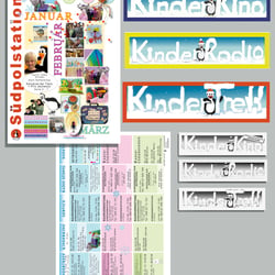 Titel- u. Rückseite, (Jan., Febr., März) Themenüberschriften: Kino, Treff, Radio (Plakatkästen: Farbe, im Heft: Header SW)