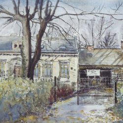 Alte Dorfschmiede Alt-Heiligensee, Radierung, aquarelliert, 24×32 cm, 1989