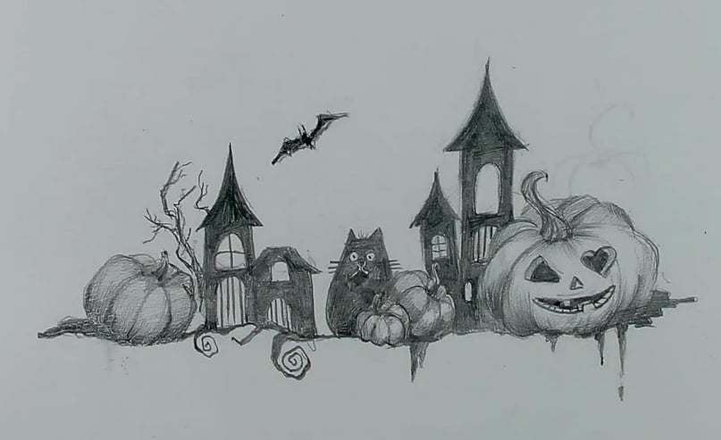 Black & White Halloween Drawing