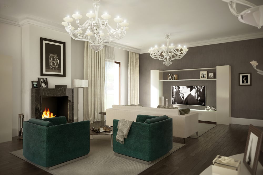 Wohnraum mit Kamin und TV-Ecke