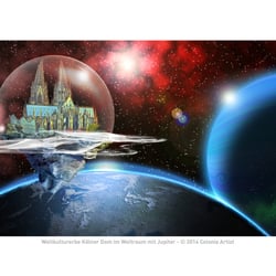 Weltkulturerbe Kölner Dom im Weltraum mit Jupiter