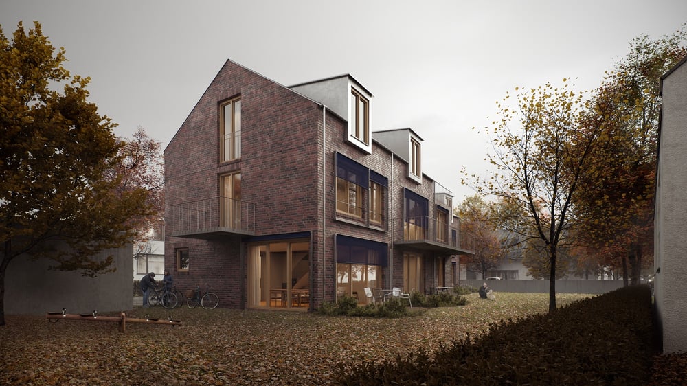 Mehr Realität mit Herbststimmung: Außenvisualisierung eines anmutigen, rostroten Ziegelhausen