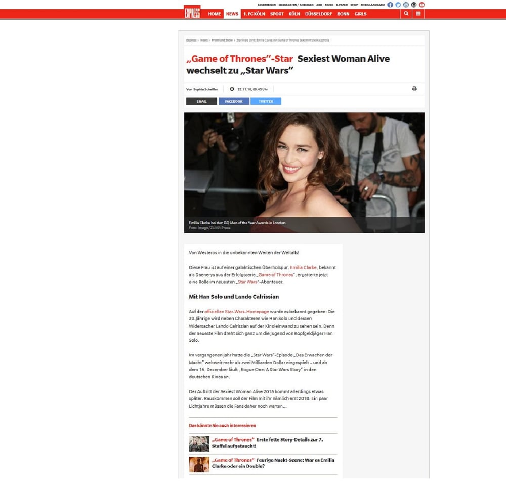 Express Emilia Clarke von Game of Thrones bekommt die Hauptrolle