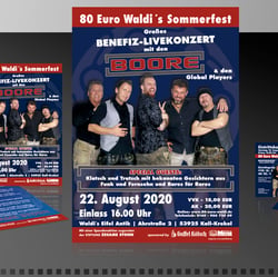 Flyer-, Eintrittskarten-, Plakatgestaltung Sommerfest 2020 Boore & Global Players bei 80 Euro Waldi in Waldi´s Eifel Antik