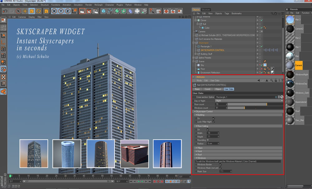 Skyscraper Widget allows you to create skyscrapers in every hight and layout by simply using splines and night and day presets