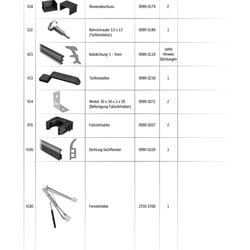 Erweiterte Bauteileliste mit Rinnenabschluss, Türfeststeller, Dichtungen und Fensterheber.