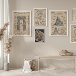 Poster mit Patentanmeldungen von archäologischen Hinterlassenschaften (verschiedene Motive und Farben), personal work