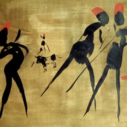 Vier Jäger mit Stier 3, Aquarell/Tusche, 47,5×64 cm, 1989