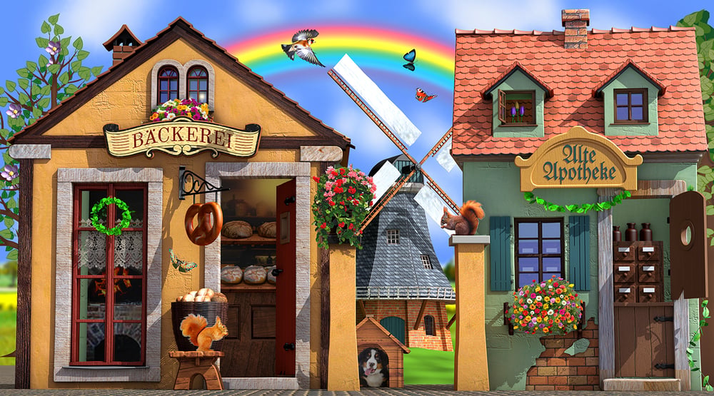 Teil eines Textilbanners für die Ausgestaltung eines Frühlingsmarktes in einer Fabrikhalle