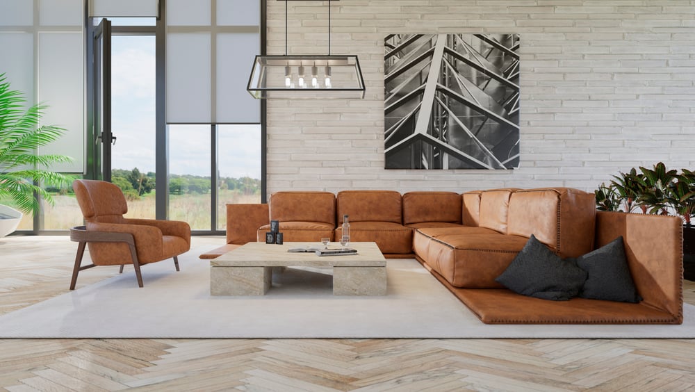 Sofa vor Backsteinwand fertig