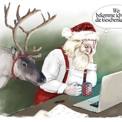 Müder Weihnachtsmann vorm Computer