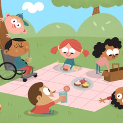 Illustration Picknick auf Wiese mit Kindern