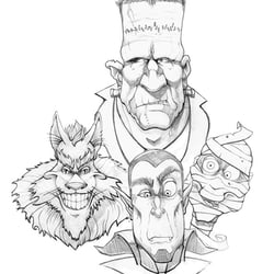 classic horror family portrait – Dracula, Werewolf, The Mummy, Frankensteins monster