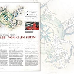 Layout, Bildretouche und Illustration. Anwendungsbeispiel meiner  Illustrationen im Toyota Magazin. Strichzeichnung.