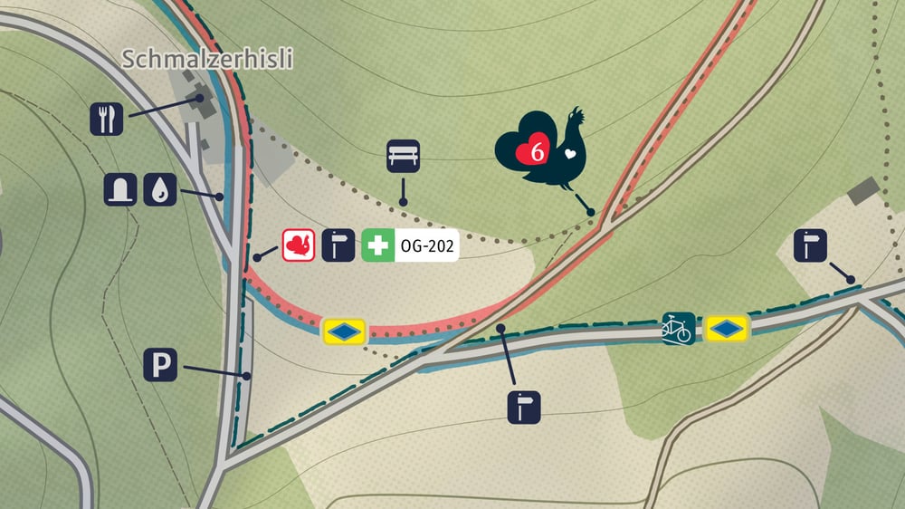 Wegsignaturen und POI-Piktogramme der Infotafel