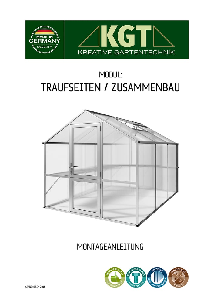 Deckblatt der Montageanleitung für ein Gewächshaus-Modul. Klare Visualisierung des fertigen Aufbaus als Orientierung.