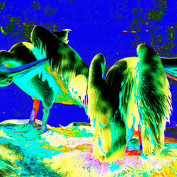 Pelecans on blue