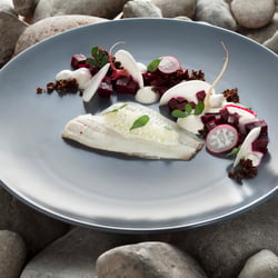 Seezunge mit Tapioka, roter Bete und Creme Fresh