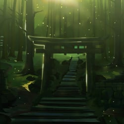 „Sirin am Torii“ – digitale Skizze  Ein stiller Moment im Nebel: Die mystische Sirin sitzt auf einem alten japanischen Torii, w