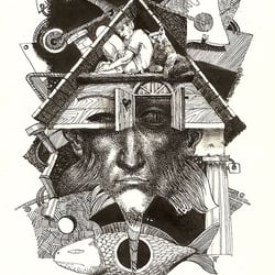 Strichzeichnung, Buchillustration, Federzeichnung