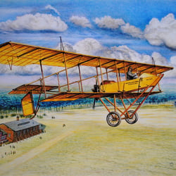 Der Euler Doppeldecker „Gelber Hund“ über dem Griesheimer Sand Flugfeld / Buntstiftmalerei