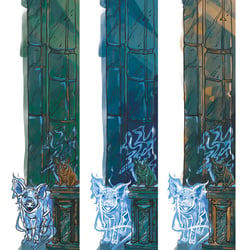 Illustration „Schweinestatue mit Schutzgeist“, Entwürfe für Farbe – für Midgard von Pegasus Spiele