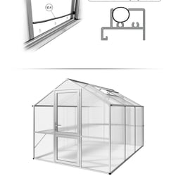 Darstellung der Türschwellenabdichtung und finale Visualisierung des aufgebauten Gewächshauses.