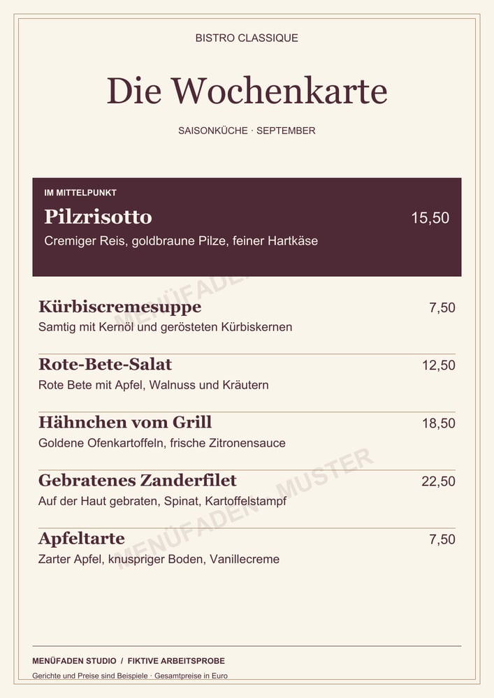 Bistro Classique – Speisekartenstudie