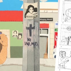 Filmstill aus dem Menschenrechtsfilm „Perdita“, rechts: Storyboardseite der Szene.