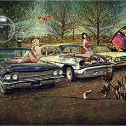 Photoshop work over picture. Original picture ‚Red Dice‘, Punchup and ‚Jessie Pin-up with bubbles‘, Sol Lang at www.flickr.com