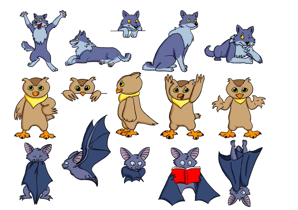 Illustrationen von Maskottchen, drei Tiere in verschiedenen Posen, Farbe