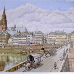 Frankfurt Mainkai um 1900 / Buntstiftmalerei auf Malkarton