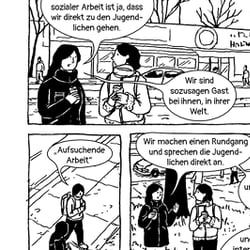 „Straßenfunde“, Graphic Novel über Streetwork (260 Seiten) für Gangway e.V. Berlin (Bleistift, Filzstift, digital koloriert)