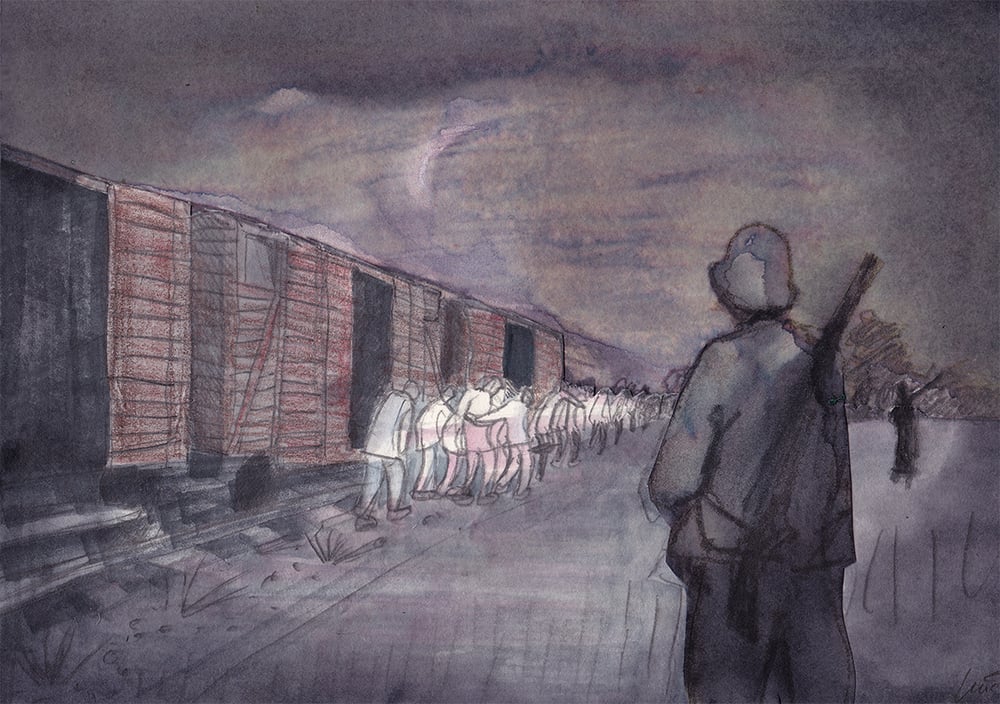 Illustration „Ankunft im KZ Ladelund“ für ramićsoenario Ausstellungsgestaltung, Berlin 2016
