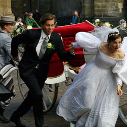 Merit Becker und Thomas Heinze am Filmset „Lügen“