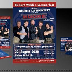 Flyer-, Eintrittskarten-, Plakatgestaltung Sommerfest 2020 Boore & Global Players bei 80 Euro Waldi in Waldi´s Eifel Antik
