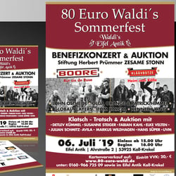 Design Plakat Sommerfest Benefizkonzert 2019 Boore | Kläävbotze & Global Player bei 80 Euro Waldi Eifel Antik