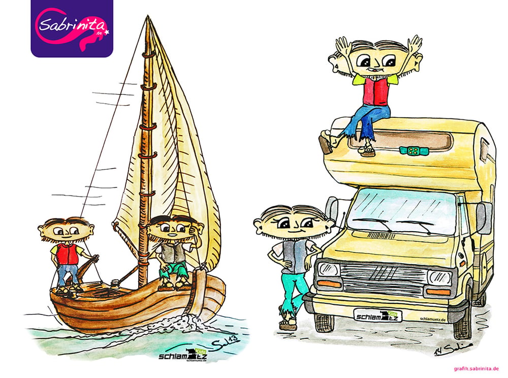 Tshirtmotive: Maxl und Franzi beim segeln und campen