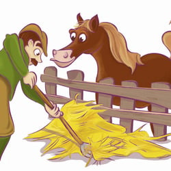 Bauer füttert Pferd