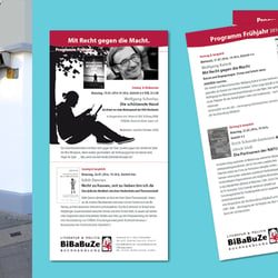 Fassade und Flyer für BiBaBuZe Buchhandlung – Schablonen-Motive Lesender