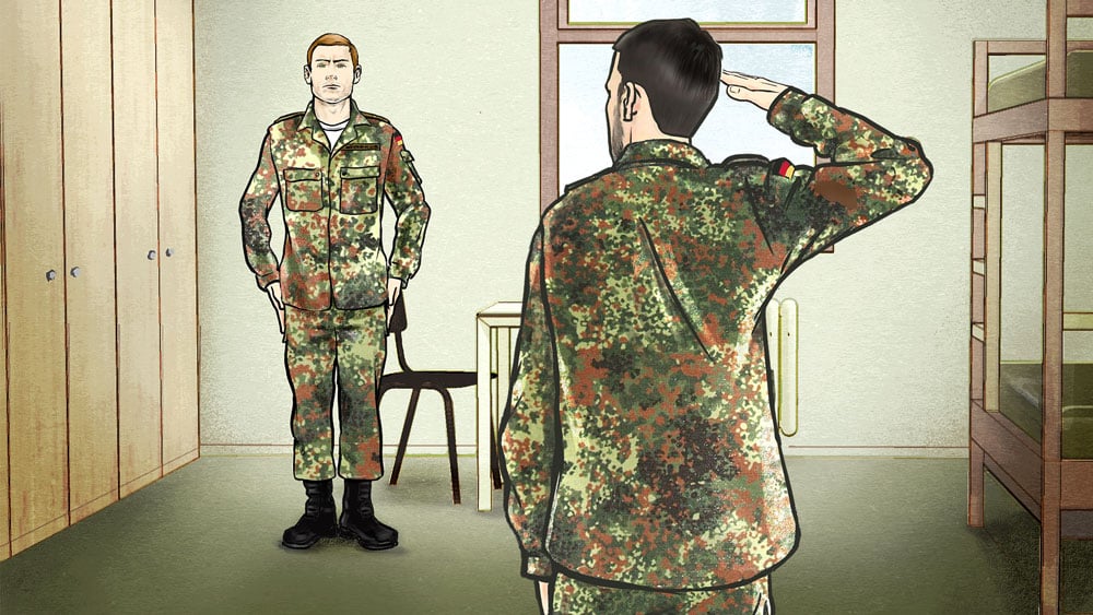 Bundeswehr, Militärgruss auf Stube, rbb Magazin Kontraste, Illustration: Heidi Kull