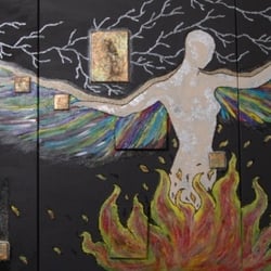 Phönix Tryptichon- 100×210cm in Acryl, Blattgold/Schlagmetall, Acrylgel