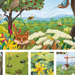 Wimmelbild zur Streuobstwiese mit zugehörigen Spielkarten