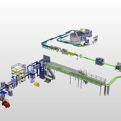 3D-Modell einer kompletten Abfüll- und Verpackungsanlage