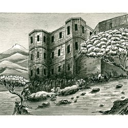 Kloster aus dem Roman von Umberto Eco „Der Name der Rose“. Tinte.