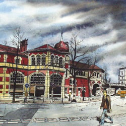 U-Bhf. Schlesisches Tor, Radierung, aquarelliert, 24×32 cm, 2004
