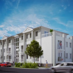 3D-Visualisierung eines Hotels für Studenten in klassischer Architektur