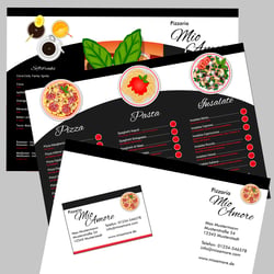 Geschäftspapiere und Flyer für eine Pizzaria