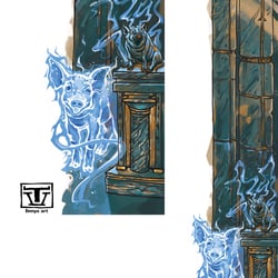 Illustration „Schweinestatue mit Schutzgeist“- für Midgard von Pegasus Spiele