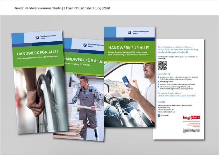 3 verschiedene Flyer für die Inklusionsberatung bei der Handwerkskammer Berlin
